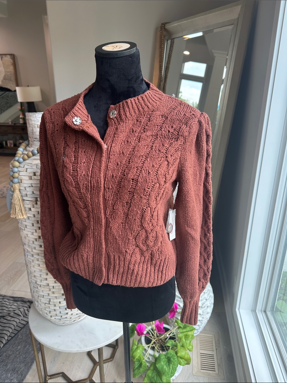 Rust Cable-Knit Zip Cardigan Sweater - Women